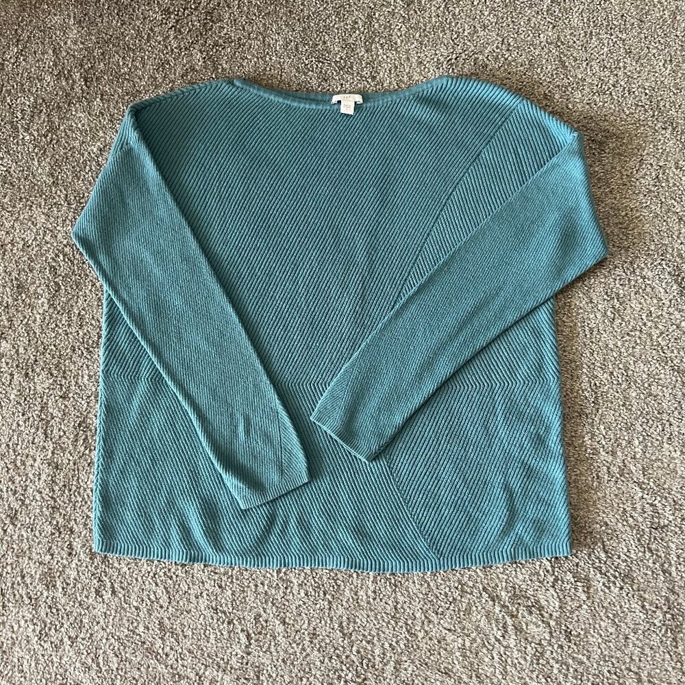 J Jill sweater womens small blue ribbed asymentrical crewneck casual cottagecore